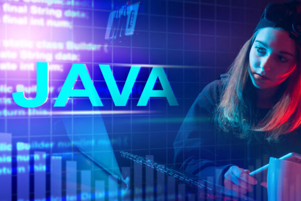 Java developer on a dark background. Girl next to the Java logo. Concept - girl software engineer. She creates software using Java. JavaScript code snippets in the foreground. Woman programmer.
